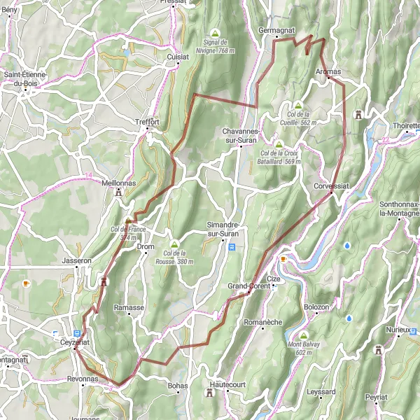 Miniature de la carte de l'inspiration cycliste "Boucle des cols de l'Ain" dans la Rhône-Alpes, France. Générée par le planificateur d'itinéraire cycliste Tarmacs.app