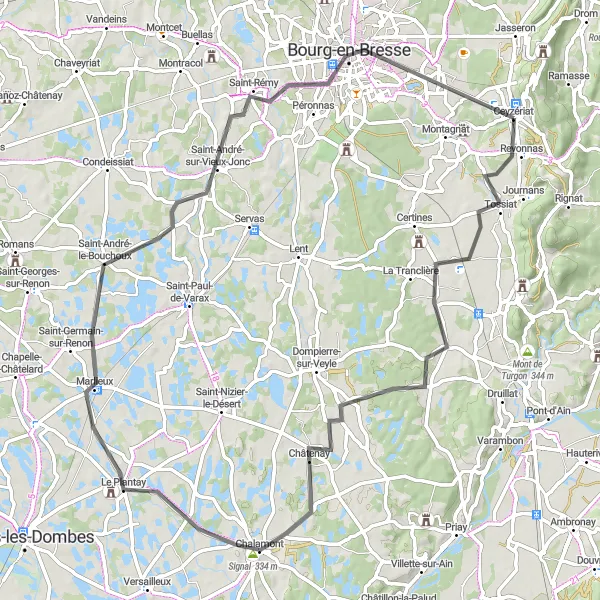 Zemljevid v pomanjšavi "Cestna kolesarska pot okoli Ceyzériata" kolesarske inspiracije v Rhône-Alpes, France. Generirano z načrtovalcem kolesarskih poti Tarmacs.app