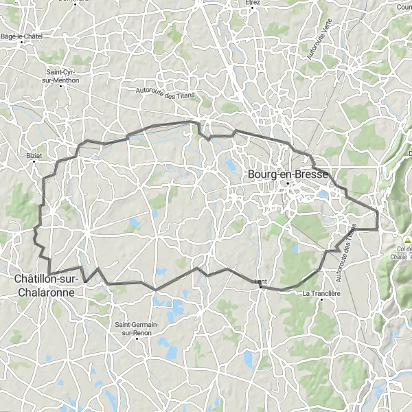 Miniatua del mapa de inspiración ciclista "Recorrido de 86 km alrededor de Ceyzériat" en Rhône-Alpes, France. Generado por Tarmacs.app planificador de rutas ciclistas