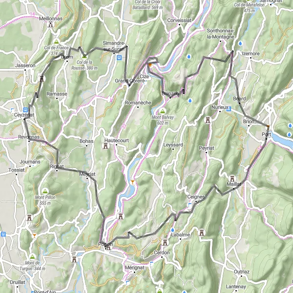 Miniatura della mappa di ispirazione al ciclismo "Giro in Bici su Strada tra Ceyzériat e Revonnas" nella regione di Rhône-Alpes, France. Generata da Tarmacs.app, pianificatore di rotte ciclistiche