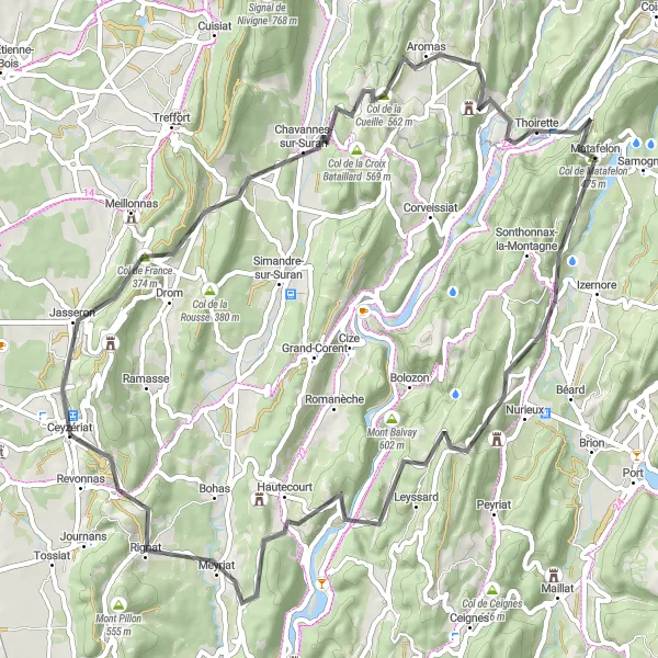 Miniature de la carte de l'inspiration cycliste "Tour de Ceyzériat par les cols" dans la Rhône-Alpes, France. Générée par le planificateur d'itinéraire cycliste Tarmacs.app