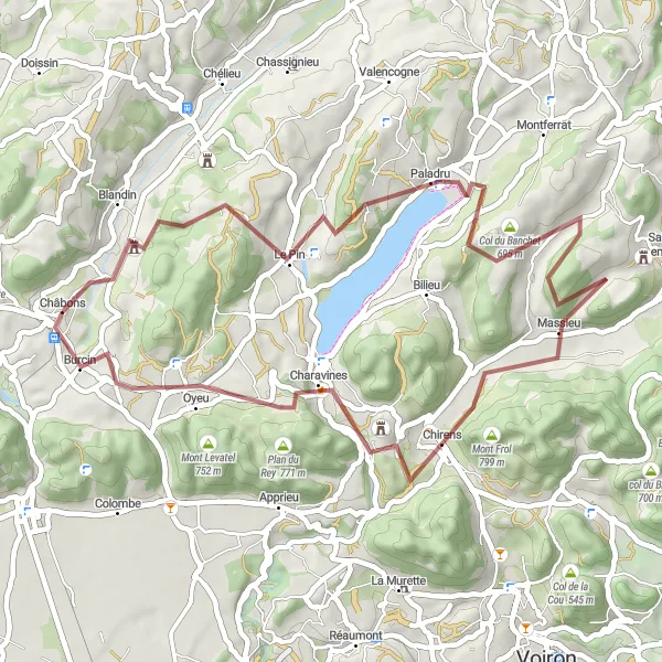 Map miniature of "Châbons to Burcin Gravel Cycling Route" cycling inspiration in Rhône-Alpes, France. Generated by Tarmacs.app cycling route planner
