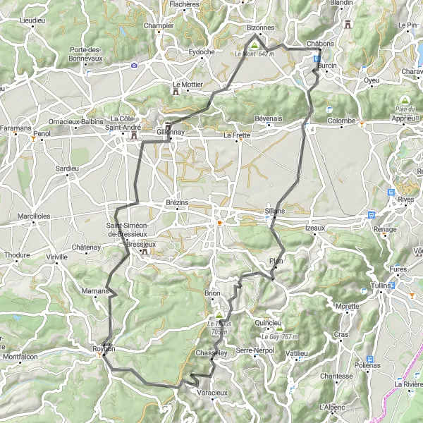 Map miniature of "Châbons - Burcin - Le Truc - Col de la Croix de Toutes Aures - Roybon - Saint-Siméon-de-Bressieux - Mont Avalon - Bizonnes - Col de Rossatière" cycling inspiration in Rhône-Alpes, France. Generated by Tarmacs.app cycling route planner