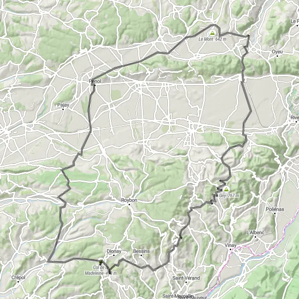 Map miniature of "Châbons to Bizonnes Road Cycling Route" cycling inspiration in Rhône-Alpes, France. Generated by Tarmacs.app cycling route planner