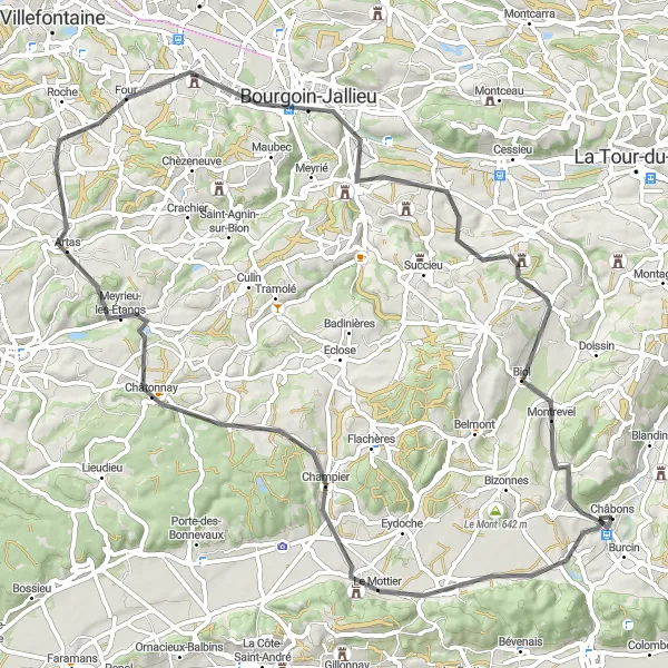 Mapa miniatúra "Road cyklotrasa" cyklistická inšpirácia v Rhône-Alpes, France. Vygenerované cyklistickým plánovačom trás Tarmacs.app