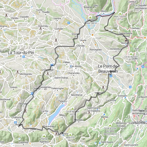 Miniatuurkaart van de fietsinspiratie "Fietsen rond Châbons via Blandin en Mont Follet" in Rhône-Alpes, France. Gemaakt door de Tarmacs.app fietsrouteplanner