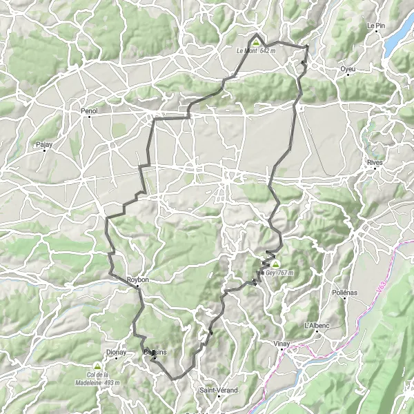 Kartminiatyr av "Utforsk landskap og historie på veien" sykkelinspirasjon i Rhône-Alpes, France. Generert av Tarmacs.app sykkelrutoplanlegger