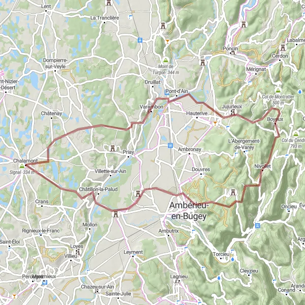 Map miniature of "Chalamont to Mont Olivet Gravel Route" cycling inspiration in Rhône-Alpes, France. Generated by Tarmacs.app cycling route planner