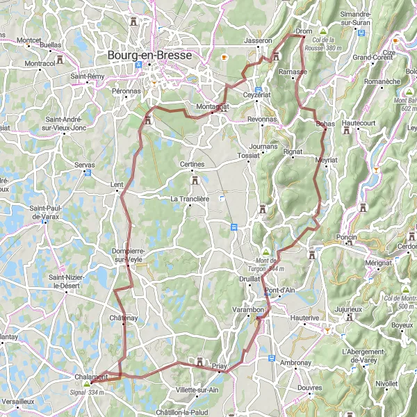 Mapa miniatúra "Gravel Cyklotrasa okolo Varambonu" cyklistická inšpirácia v Rhône-Alpes, France. Vygenerované cyklistickým plánovačom trás Tarmacs.app