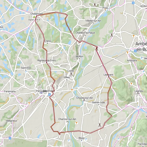 Miniatura della mappa di ispirazione al ciclismo "Percorso ciclistico gravel da Chalamont" nella regione di Rhône-Alpes, France. Generata da Tarmacs.app, pianificatore di rotte ciclistiche