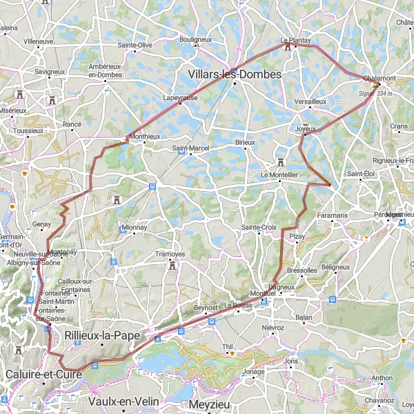 Miniatua del mapa de inspiración ciclista "Ruta en Grava Chalamont - Villars-les-Dombes" en Rhône-Alpes, France. Generado por Tarmacs.app planificador de rutas ciclistas