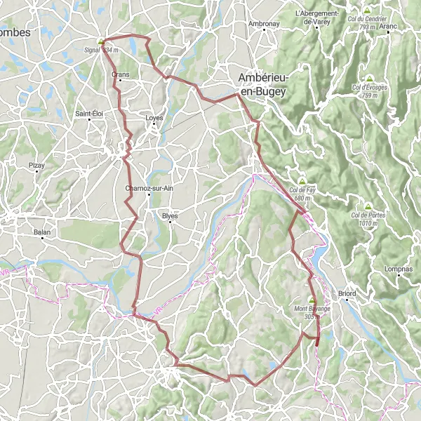 Miniatua del mapa de inspiración ciclista "Ruta de Grava en los alrededores de Chalamont" en Rhône-Alpes, France. Generado por Tarmacs.app planificador de rutas ciclistas