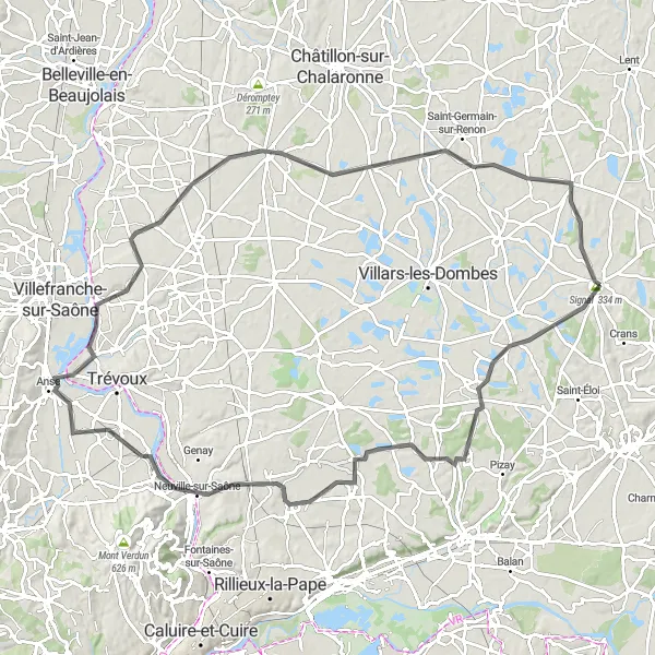 Zemljevid v pomanjšavi "Cesta s kolesom skozi podeželje Rona-Alp" kolesarske inspiracije v Rhône-Alpes, France. Generirano z načrtovalcem kolesarskih poti Tarmacs.app