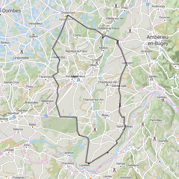 Kartminiatyr av "Rundtur fra Chalamont til Signal" sykkelinspirasjon i Rhône-Alpes, France. Generert av Tarmacs.app sykkelrutoplanlegger