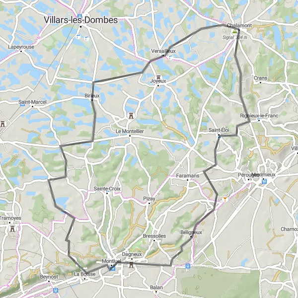 Zemljevid v pomanjšavi "Cesta skozi slikovito podeželje" kolesarske inspiracije v Rhône-Alpes, France. Generirano z načrtovalcem kolesarskih poti Tarmacs.app