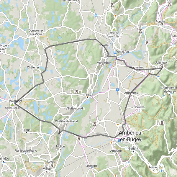 Zemljevid v pomanjšavi "Chalamont - Ambronay - Chalamont" kolesarske inspiracije v Rhône-Alpes, France. Generirano z načrtovalcem kolesarskih poti Tarmacs.app