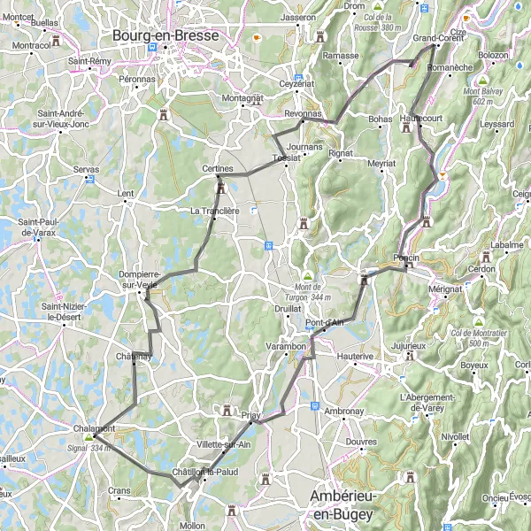 Miniatua del mapa de inspiración ciclista "Ruta escénica por carretera cerca de Chalamont" en Rhône-Alpes, France. Generado por Tarmacs.app planificador de rutas ciclistas