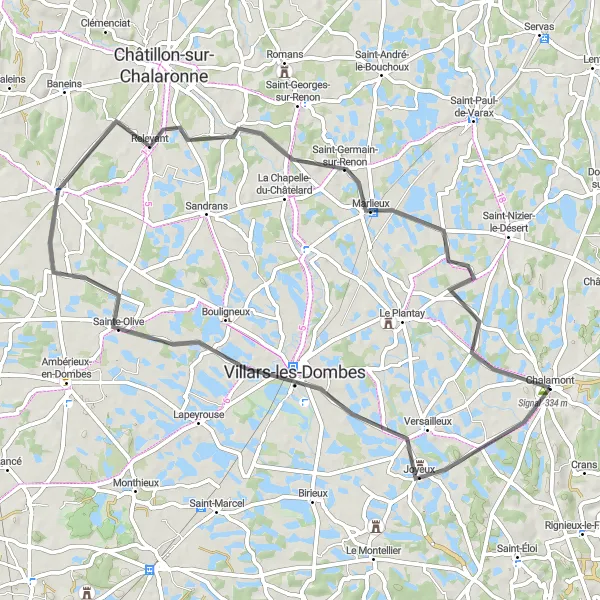 Zemljevid v pomanjšavi "Potovanje do Villars-les-Dombes" kolesarske inspiracije v Rhône-Alpes, France. Generirano z načrtovalcem kolesarskih poti Tarmacs.app