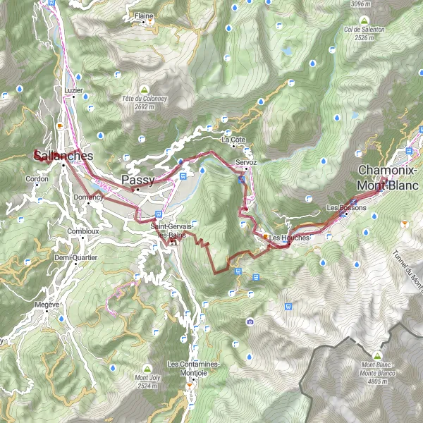 Miniatua del mapa de inspiración ciclista "Ruta de Grava a Chamonix-Mont-Blanc" en Rhône-Alpes, France. Generado por Tarmacs.app planificador de rutas ciclistas