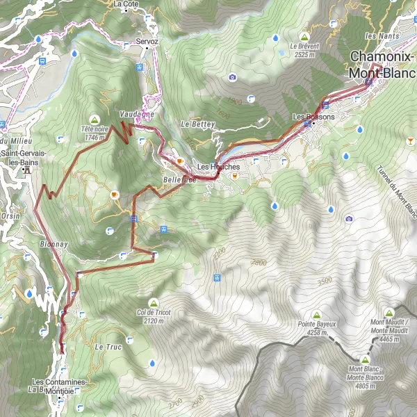 Miniatua del mapa de inspiración ciclista "Ruta de Grava de Chamonix-Mont-Blanc" en Rhône-Alpes, France. Generado por Tarmacs.app planificador de rutas ciclistas