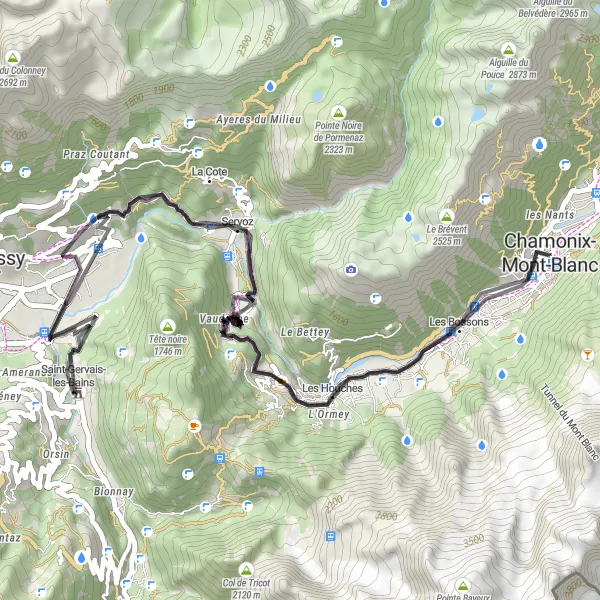 Miniatura della mappa di ispirazione al ciclismo "Chamonix-Mont-Blanc - Vaudagne" nella regione di Rhône-Alpes, France. Generata da Tarmacs.app, pianificatore di rotte ciclistiche