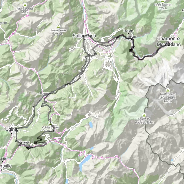 Miniatua del mapa de inspiración ciclista "Desafío por Les Bossons y Col des Saisies" en Rhône-Alpes, France. Generado por Tarmacs.app planificador de rutas ciclistas