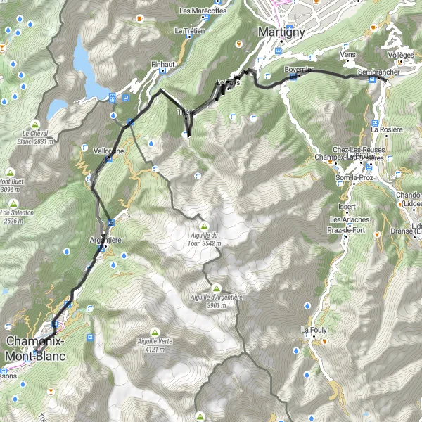 Miniatua del mapa de inspiración ciclista "Ruta desafiante por los Alpes franceses" en Rhône-Alpes, France. Generado por Tarmacs.app planificador de rutas ciclistas
