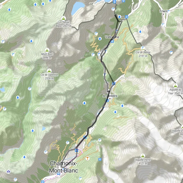 Miniatua del mapa de inspiración ciclista "Ruta de Chamonix-Mont-Blanc a Les Praz de Chamonix" en Rhône-Alpes, France. Generado por Tarmacs.app planificador de rutas ciclistas