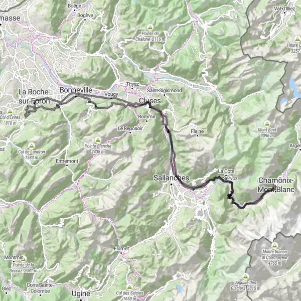 Karttaminiaatyyri "Pyöräilyreitti Chamonix-Mont-Blancin läheisyydestä (tie)" pyöräilyinspiraatiosta alueella Rhône-Alpes, France. Luotu Tarmacs.app pyöräilyreittisuunnittelijalla