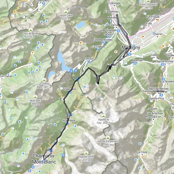 Miniatua del mapa de inspiración ciclista "Desafío en Carretera por los Alpes alrededor de Chamonix" en Rhône-Alpes, France. Generado por Tarmacs.app planificador de rutas ciclistas