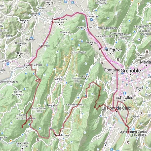 Miniaturní mapa "Gravelová jízda k Col de Romeyère" inspirace pro cyklisty v oblasti Rhône-Alpes, France. Vytvořeno pomocí plánovače tras Tarmacs.app