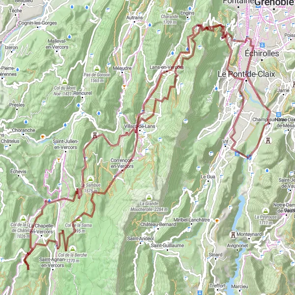 Miniature de la carte de l'inspiration cycliste "Aventure Gravel dans le Vercors" dans la Rhône-Alpes, France. Générée par le planificateur d'itinéraire cycliste Tarmacs.app