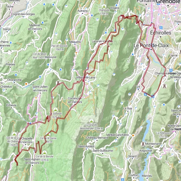 Miniaturekort af cykelinspirationen "Grusvej cykelrute til Vercors Nationalpark" i Rhône-Alpes, France. Genereret af Tarmacs.app cykelruteplanlægger