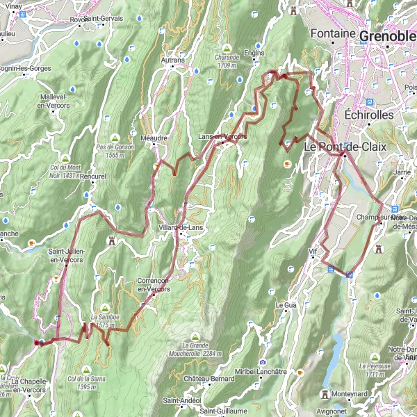 Miniaturní mapa "Výlet na kole do Vercors" inspirace pro cyklisty v oblasti Rhône-Alpes, France. Vytvořeno pomocí plánovače tras Tarmacs.app