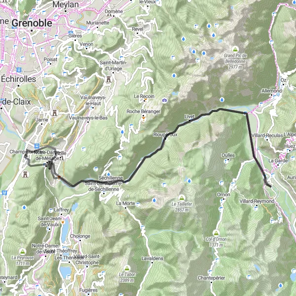 Miniature de la carte de l'inspiration cycliste "Tour de Vizille" dans la Rhône-Alpes, France. Générée par le planificateur d'itinéraire cycliste Tarmacs.app