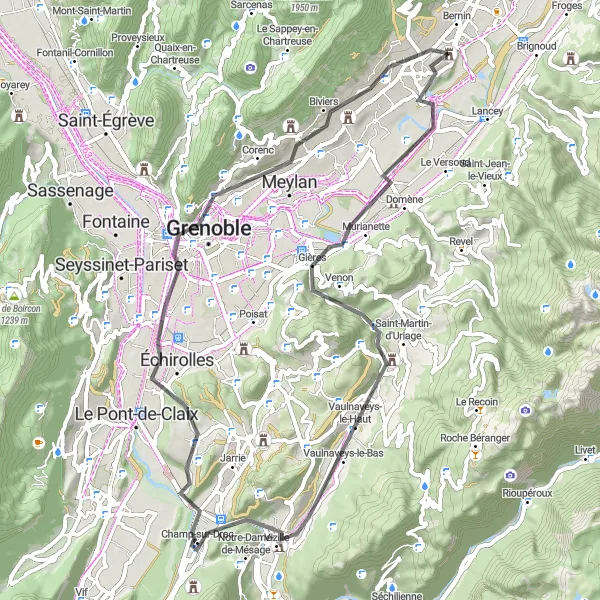 Map miniature of "Cycling through Grenoble and Biviers" cycling inspiration in Rhône-Alpes, France. Generated by Tarmacs.app cycling route planner