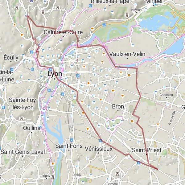 Mapa miniatúra "Gravel okruh cez Lyon" cyklistická inšpirácia v Rhône-Alpes, France. Vygenerované cyklistickým plánovačom trás Tarmacs.app