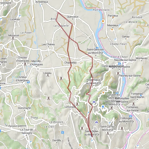 Miniature de la carte de l'inspiration cycliste "Escapade dans les collines verdoyantes" dans la Rhône-Alpes, France. Générée par le planificateur d'itinéraire cycliste Tarmacs.app