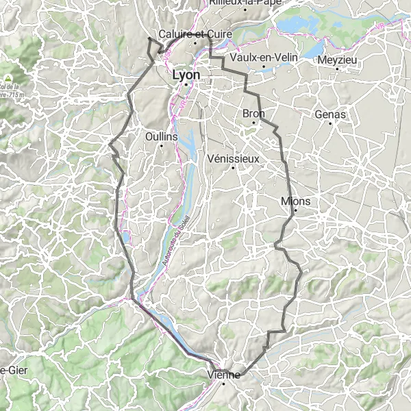 Miniature de la carte de l'inspiration cycliste "Le Tour des Montagnes du Rhône" dans la Rhône-Alpes, France. Générée par le planificateur d'itinéraire cycliste Tarmacs.app
