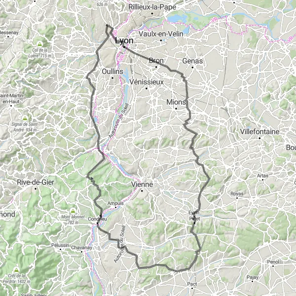 Map miniature of "Champagne-au-Mont-d'Or Loop via Condrieu" cycling inspiration in Rhône-Alpes, France. Generated by Tarmacs.app cycling route planner