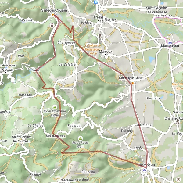 Map miniature of "Gravel Adventure through Champdieu" cycling inspiration in Rhône-Alpes, France. Generated by Tarmacs.app cycling route planner