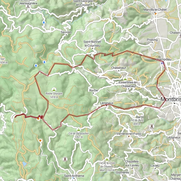 Map miniature of "Gravel Adventure in the Forez Mountains" cycling inspiration in Rhône-Alpes, France. Generated by Tarmacs.app cycling route planner