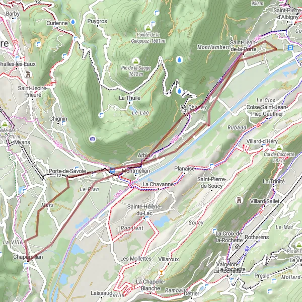 Map miniature of "Gravel Exploration near Chapareillan" cycling inspiration in Rhône-Alpes, France. Generated by Tarmacs.app cycling route planner