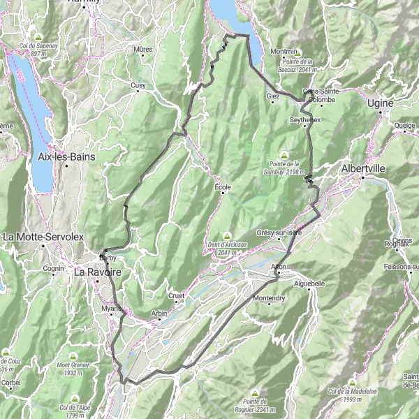 Map miniature of "The Beautiful Hills of Chapareillan" cycling inspiration in Rhône-Alpes, France. Generated by Tarmacs.app cycling route planner