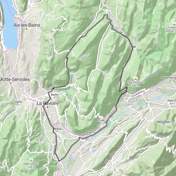 Miniatua del mapa de inspiración ciclista "Recorrido en bicicleta por carretera desde Chapareillan" en Rhône-Alpes, France. Generado por Tarmacs.app planificador de rutas ciclistas
