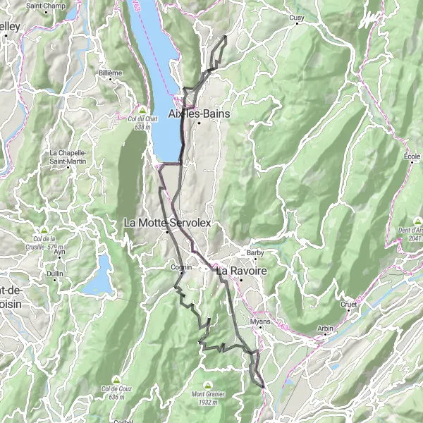 Map miniature of "Chapareillan to Aix-les-Bains" cycling inspiration in Rhône-Alpes, France. Generated by Tarmacs.app cycling route planner