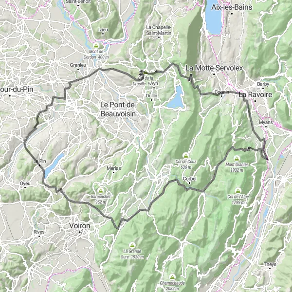 Miniatua del mapa de inspiración ciclista "Ruta de ciclismo de carretera por Col du Granier y más" en Rhône-Alpes, France. Generado por Tarmacs.app planificador de rutas ciclistas