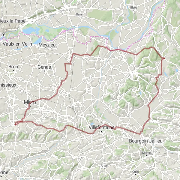 Miniatuurkaart van de fietsinspiratie "Uitdagende gravelroute van Chaponnay naar Valencin" in Rhône-Alpes, France. Gemaakt door de Tarmacs.app fietsrouteplanner