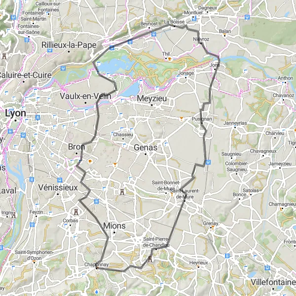 Miniaturní mapa "Okružní cyklotrasa Bron - Château de Chandieu" inspirace pro cyklisty v oblasti Rhône-Alpes, France. Vytvořeno pomocí plánovače tras Tarmacs.app