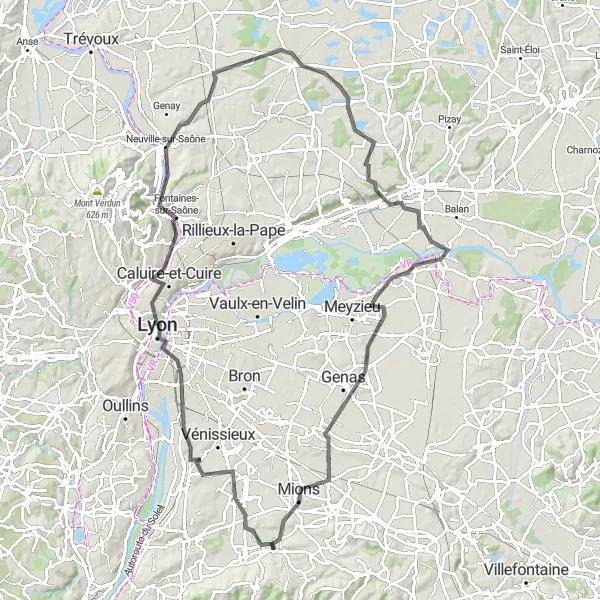Kartminiatyr av "Äventyr till Mions och Caluire-et-Cuire" cykelinspiration i Rhône-Alpes, France. Genererad av Tarmacs.app cykelruttplanerare